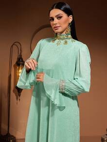 New Fashionable Luxury Minimalist Lace Beaded Embroidery Women Long Robe Dress - Fruit Green - View 6