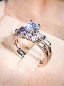 2 件/套漂亮方晶锆石戒指，适合女士结婚订婚周年派对珠宝情人节礼物 - 1# - 查看 2