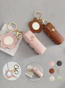 1pc Mini Lipstick Holder Keychain With Compact Mirror Lipstick Sleeve Pouch Pu Leather Lip Balm Portable Pocket Lip Gloss Holder Women Girls Gift, Cute Lipstick Holder Keychain With Flowers Shaped Mirror, Women's Makeup Bag, Keychain Pendant, Purse, Wallet, Bag Accessories, For Vacation, Holidays, Travel For Trip For Lip Gloss Lipstick Lip Oil Lip Balm - Multicolor - View 1