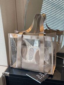 PVC Transparent Tote Bag For Women, Large Capacity Shoulder Bag For Daily Use & Commute - Khaki - View 4