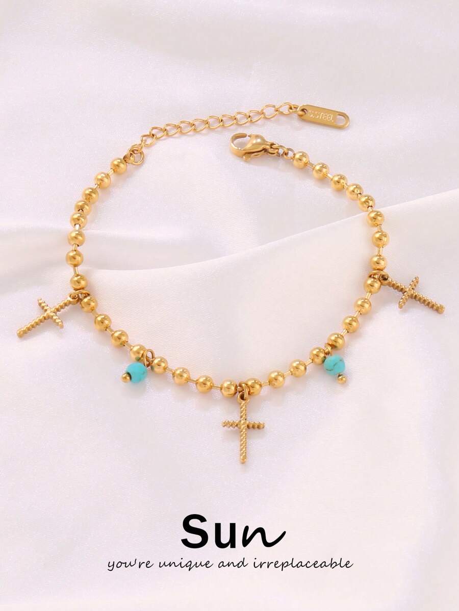 1 件不锈钢吊坠手链女式时尚串珠手链配绿松石金色链条手链珠宝 - 手鍊 - 查看 1