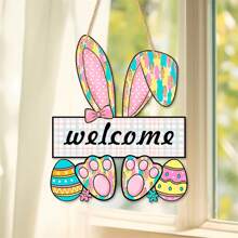 Letrero colgante de Pascua con orejas de conejo, letrero de bienvenida, placa de madera para puerta del hogar. - vistoso - Ver 3
