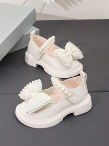1 Pair Fashion Cute Bowknot & Faux Pearl Decor Hook-And-Loop Non-Slip Outdoor Daily Wear Shoes For Girls, Suitable For Spring & Autumn, School, Party - Beige - View 4