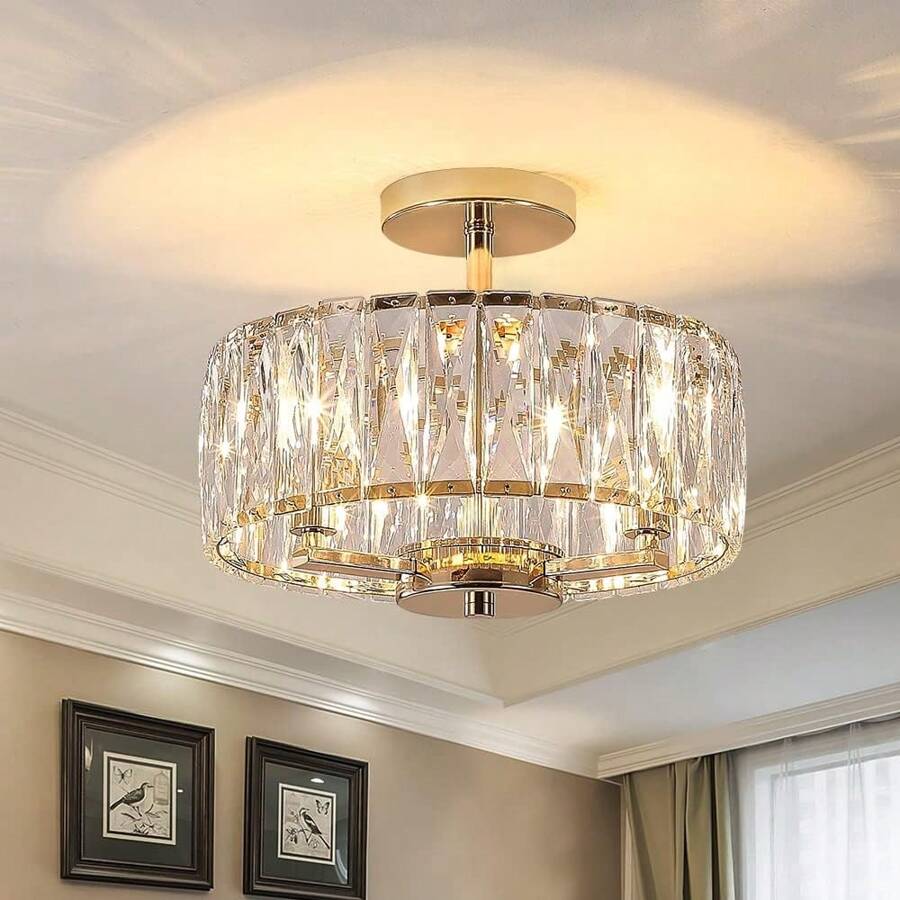 Gold Crystal Semi Flush Mount Chandeliers, 12.5" K9 Chandeliers 3-Light Ceiling Metal Pendant Fixture G9 Base For Living Room Bedroom Kitchen Island Hallway Dining & Brass Finish,K9 Crystal Gold Chandelier Ceiling Lighting ,Lamp Living Room Bedroom Simplicity Modern Crystal Ceiling Chandelier,Ceiling Light Chandeliers Round Shape Ceiling Lights Chrome Finish Ceiling Gold/French Gold/Argent - Vàng Pháp - Xem 1