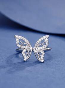 1 件时尚欧美风格铜蝴蝶镂空方晶锆石可调节戒指，日常佩戴 - 蝴蝶戒指 - 查看 8