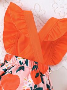 Infant Baby Girls' Letter Print Ruffle Back Cross Strap Avocado All Over Print Bodysuit + Headband Set - Multicolor - View 5