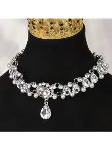 1PC New Fashionable Coarse Crystal Necklace, Wedding Banquet Rhinestone Flower Necklace, Silver Gemstone Teardrop Necklace, Women's Sparkling Jewelry, Bride's Diamond Studded Teardrop Necklace - Silver - View 7