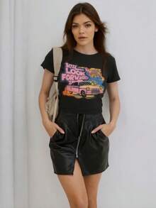 Camiseta con gráfico de coche y letra - Negro - Ver 5