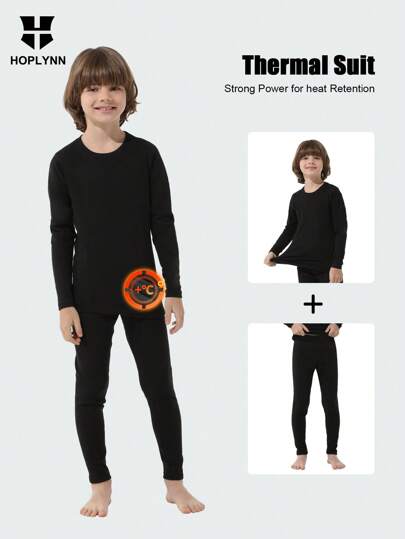 HOPLYNN Tween Boy Spring Winter Thermal Compression Underwear Double-Sided Fleece Top Pants Suit