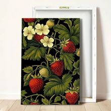 1pc Framed Canvas Wall Art Poster Abstract Digital Realism Colorful Modern Pattern Flowers Leaves Vibrant Realistic Digital Art Techniques Attention To Detail Strawberry Strawberries And Flowers On A Black Background Wall Art For Living Room Bedroom Bathroom Kitchen Apartment Hotel, Artful Home Decoration - Framed, Vertical
