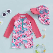 Toddler Baby Girl One Piece Swimsuit UPF 50+ Sun Protection Long Sleeve Rash Guard Bathing Suit Swimwear Sunhat Set - Hot Pink - View 1