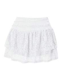 Women Tiered Ruffled Short Skirts Floral Lace Sheer Mid Rise Lined Cute Flowy Mini Skirts - White - View 2