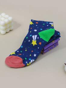 2 Pairs Women Stars & Sun Print Socks, Comfy & Breathable Cartoon Mid Tube Socks, Women's Stockings & Hosiery