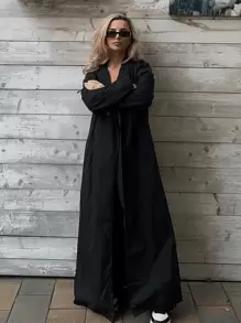 Jeta Ari Extra Long Full Length Solid Color Double-Breasted Long Sleeve Windbreaker - Black - View 1