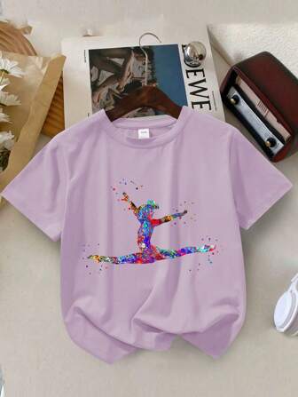 Camiseta casual com estampa gráfica fofa para meninas, gola redonda, verão