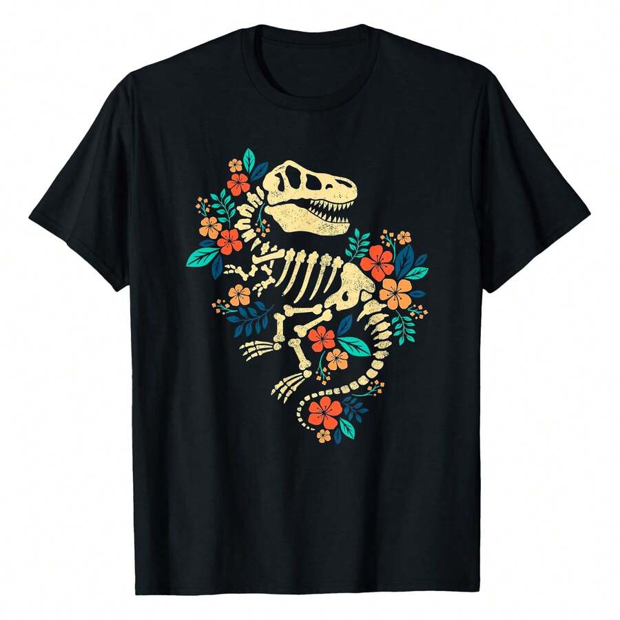 T-Rex Skeleton Dino Bones Paleontologist Fossil Dinosaur T-Shirt Fashionable Plus Size Women's T-Shirt, Super Soft And Breathable Cotton | Comfortable Fit, Versatile Everyday Style, Suitable For All Seasons. - 黑色 - 查看 1