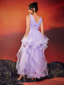 Vestido maxi elegante de unicolor con dobladillo de malla de contraste decorado para mujeres - Morado - Ver 6