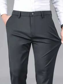 Stretch Fabric Office & Commuter Style Trousers, Men's Casual Slim Fit Dress Pants For Summer, Professional Suit Pants For Work, Wedding, Party, Halloween, Christmas - Dark Grey - View 4