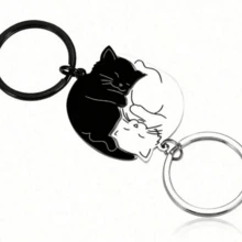1对，可爱甜美浪漫拥抱小猫银色和黑色钥匙扣，卡通黑白猫不锈钢钥匙扣，适合情侣包包车钥匙装饰，情人节礼物。 - 彩色 - 查看 3