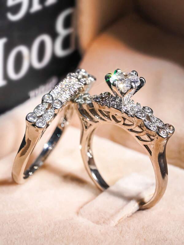 2 Pcs/Set Luxury Cubic Zirconia Ring For Women For Wedding Engagement Anniversary Party Jewelry Valentine's Day Gift