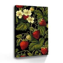 1pc Framed Canvas Wall Art Poster Abstract Digital Realism Colorful Modern Pattern Flowers Leaves Vibrant Realistic Digital Art Techniques Attention To Detail Strawberry Strawberries And Flowers On A Black Background Wall Art For Living Room Bedroom Bathroom Kitchen Apartment Hotel, Artful Home Decoration - Framed, Vertical