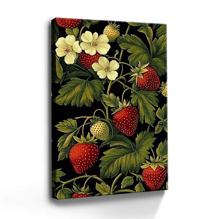 1pc Framed Canvas Wall Art Poster Abstract Digital Realism Colorful Modern Pattern Flowers Leaves Vibrant Realistic Digital Art Techniques Attention To Detail Strawberry Strawberries And Flowers On A Black Background Wall Art For Living Room Bedroom Bathroom Kitchen Apartment Hotel, Artful Home Decoration - Framed, Vertical