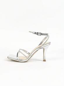 Women's Silver Square Toe Rhinestone Strap Stiletto Heels,Sexy Elegant Lady Party Fashion Date Casual Comfortable High Heel Sandals