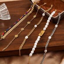 1条18K镀金不锈钢珍珠手链，时尚女式手链，适合派对、约会、办公场合佩戴 - 金黃色 - 查看 4