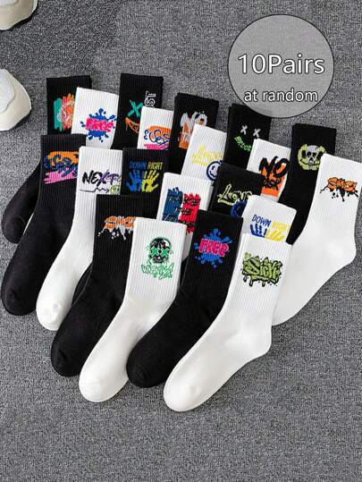 1 双/5 双/10 双随机黑白涂鸦设计男女通用中筒袜，适合日常穿着