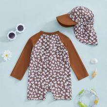 Toddler Baby Girl One Piece Swimsuit UPF 50+ Sun Protection Long Sleeve Rash Guard Bathing Suit Swimwear Sunhat Set - 棕色 - 查看 3