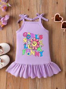 Baby Girls Cute Flower & Letter Print Sleeveless Ruffled Bow Decor Mini Dress, Fashionable For Summer - Purple - View 1