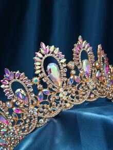 奢华水晶巴洛克女王头饰皇冠，手工制作婚礼公主头箍，镶嵌闪亮水钻，适合万圣节、生日、舞会（金色） - 彩色 - 查看 9