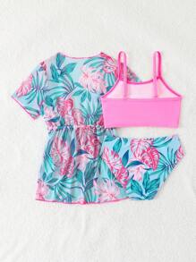 Young Girl Tropical Plant Print Swimwear Set With Kimono Cover-Up