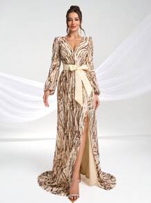 YISIKADO Women's Sequin Long Sleeve Tie Strap Random Print V-Neck Long Sleeve High-End Luxury Party Evening Dress, Wedding Guest Dress, Formal Dress,Gown - Champagne - View 5