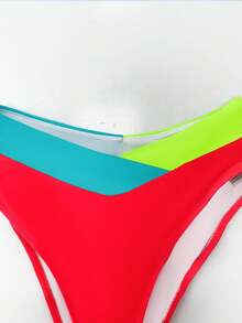 popvil 2pcs Women Summer Beach Color Block Neon Bikini Set With Hollow Out Front And Back Tie Design, Bathing Suit, Vacation Bikini Set - Multicolor - View 3