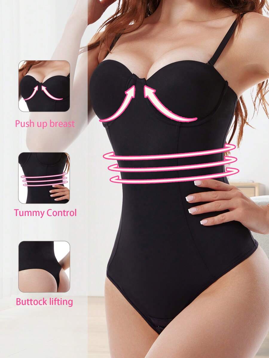 Women's One-Piece Shapewear Bodysuit, Sleeveless Sexy Removable Adjustable Strap Bodycon Bodysuit Full Body Shaping Shaper With Padded Bra And Thong