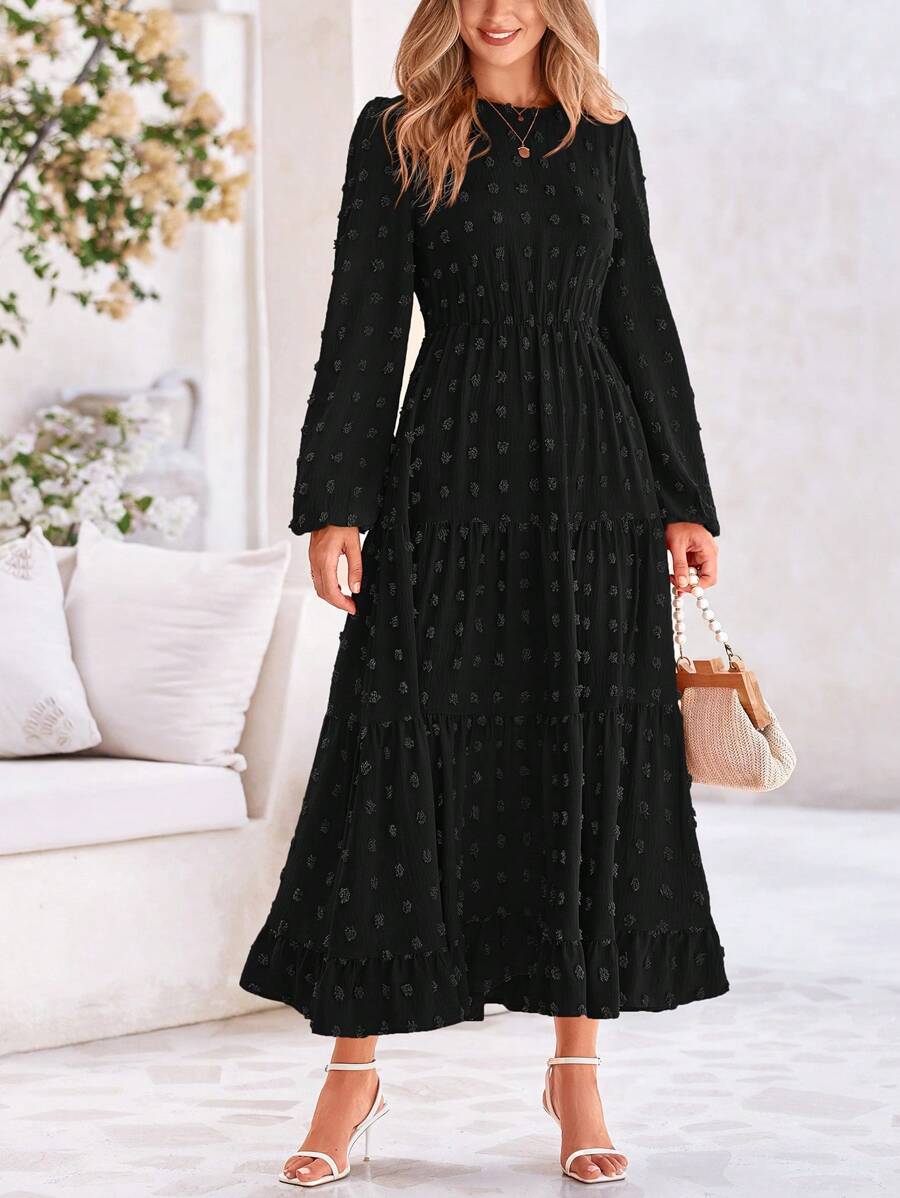 Women's Autumn Spring Elegant Long Sleeve Long Dress Swiss Polka Dot A Elegant Casual Holiday Wedding Party Going Out Dress - 黑色 - 查看 1