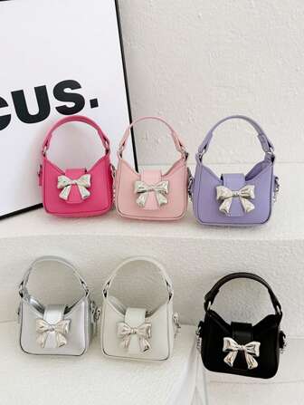 1 件新款迷你蝴蝶结装饰 PU 材质女孩手提包，可互换金属肩带，斜挎或手提，时尚百搭的磁扣，非常适合日常外出、购物、聚会和节日礼物