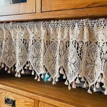 1pc Bohemian Style Beige Hollow Out Kitchen Short Curtain, Small Curtain, Cabinet Divider Curtain, Door Curtain - Beige - View 2