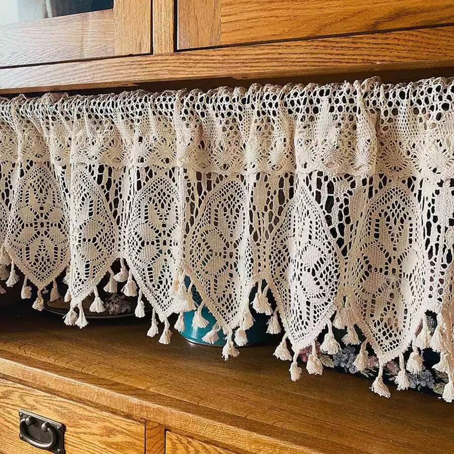 1pc Bohemian Style Beige Hollow Out Kitchen Short Curtain, Small Curtain, Cabinet Divider Curtain, Door Curtain