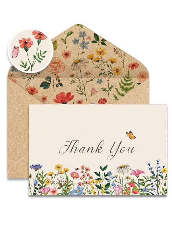 Elegante conjunto de tarjetas de agradecimiento con mariposas - Tarjetas de felicitación con flores, sobres de papel kraft y pegatinas de lacre de cera, perfectas para bodas, cumpleaños, familia, amigos y regalos de graduación