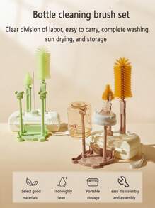 Ensemble de brosses portables pour bouteille avec ours, comprenant une brosse pour bouteille, une brosse pour tétine, une brosse pour paille, une brosse pour tasse, un support d'égouttage et une boîte de rangement de voyage