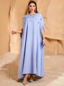 Women's Elegant Conservative Arabic Style Dress With Heavy Bubble Pearl Rivet Rhinestone Embellishment, Modest Abaya - Blue - View 2