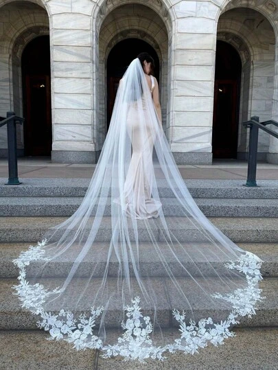 1 Pc Cathedral Length 3M(118inch) Lace Floral Wedding Bridal Veil With Metal Comb For Bride Party White Ivory Fall Clothes For Women