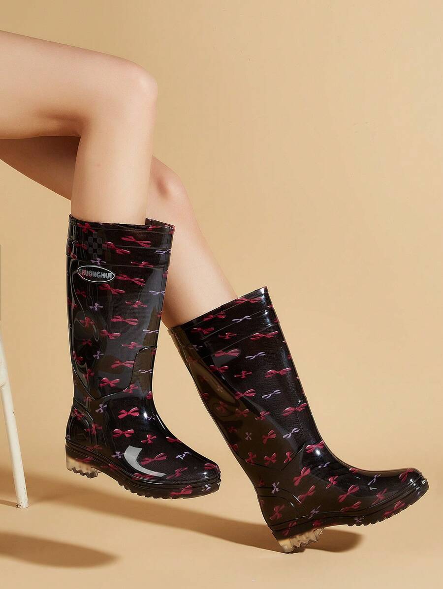 Double Layer Fashion Tall Rain Boots For Women, With Unique Toe Design, Rounded Wide Toe Box That Won't Squeeze Feet, Smooth Edged Corners To Avoid Injury, Mesh Lining To Keep Feet Dry, Patterned Sole For Lightweight Non-Slip Traction