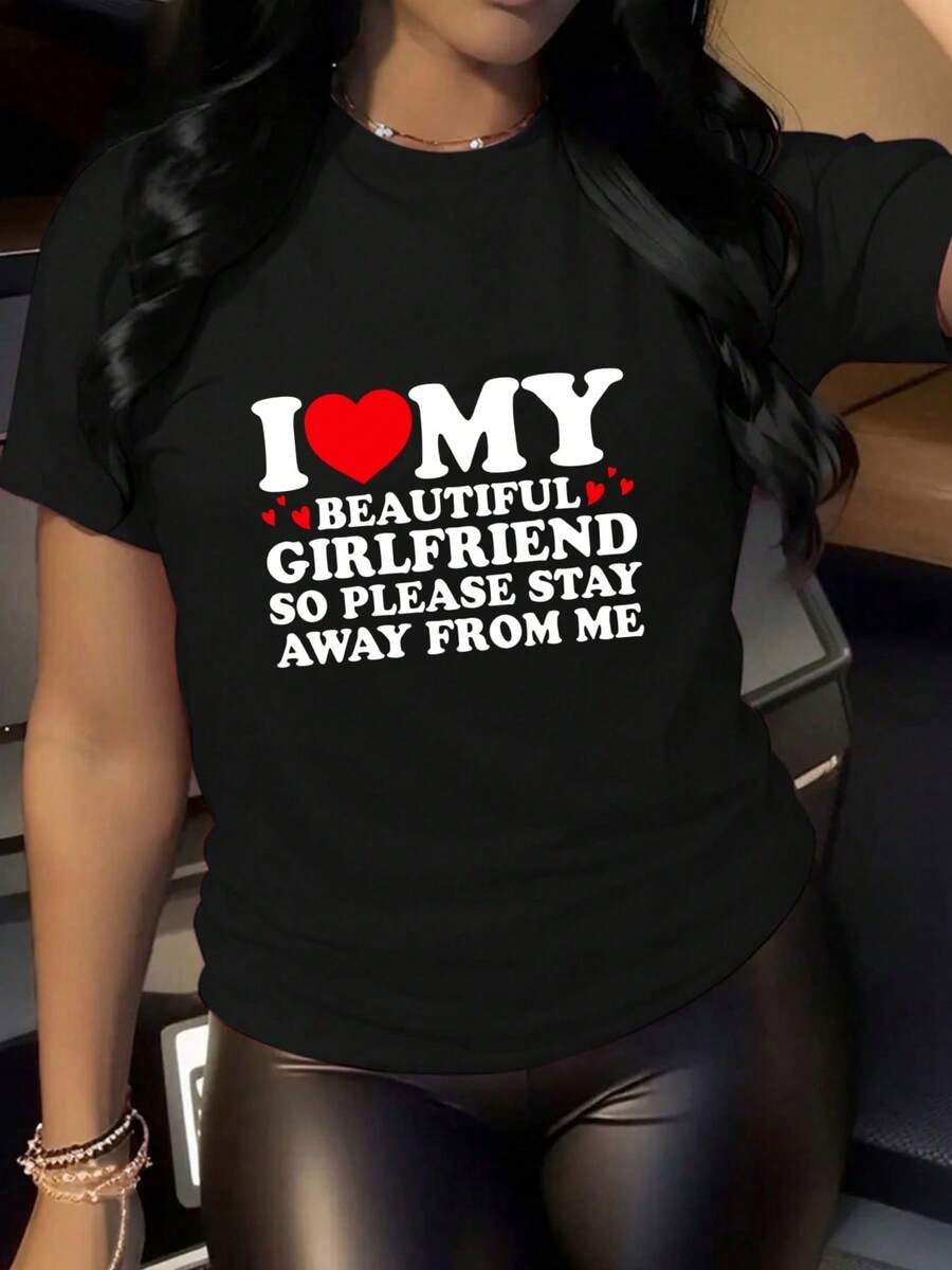 A Gift For Your Girlfriend, Casual And Comfortable With A Versatile, Monogrammed Print, Cotton 220 Gram T-Shirt. - Black - View 1