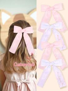 1 pieza Moño personalizado con nombre para niñas, moño bordado blanco y rosa, pasador de moño con cola larga para niñas, moños de cinta de satén para el cabello de niños, pasador para el cabello con nombre bordado como regalo de accesorios para el cabello - Volante Arco Bordado - Ver 1