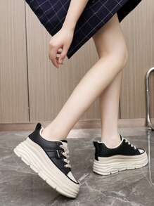 新款纯色帆布运动鞋厚底增高耐穿休闲鞋学生鞋夏季 - 黑色 - 查看 3