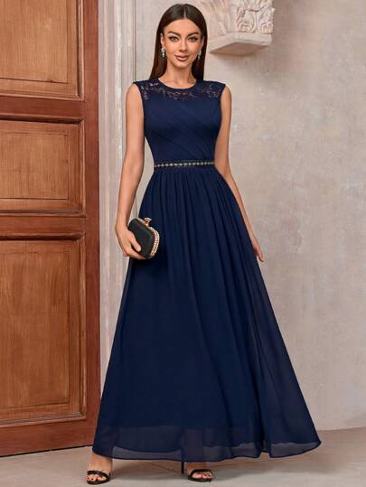 MIUSOL Contrast Lace Waist Ruched Sequin Chiffon Formal Party Long Dress