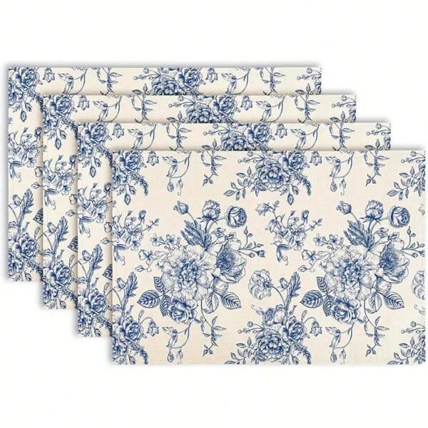 A Set Of 6pcs Blue And White Porcelain, Table Placemats, Woven From 100% Polyester Fiber, 12 * 18inch/30 * 45cm, Machine Washable Polyester Placemat, Heat-Resistant, Stain Resistant, Waterproof, Easy To Clean, Suitable For Desktop Decoration, Protection, Gift Giving, Party Decoration, Kitchen And Living Room Decoration